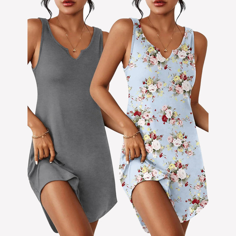 Sleeveless v-neck sleep nightdress in heather gray, short straight hem