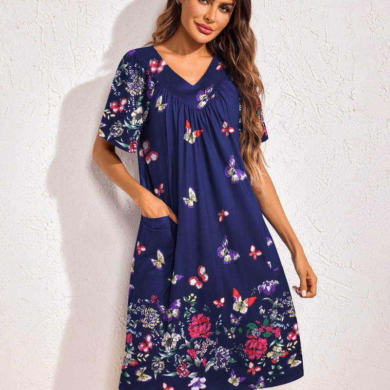 Navy floral nightdress with V-neck and gathered neckline, short sleeves, side pockets