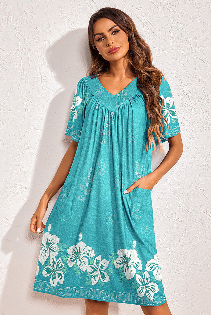 Floral print nightdress in teal with white flowers, V-neck, short sleeves, side pockets