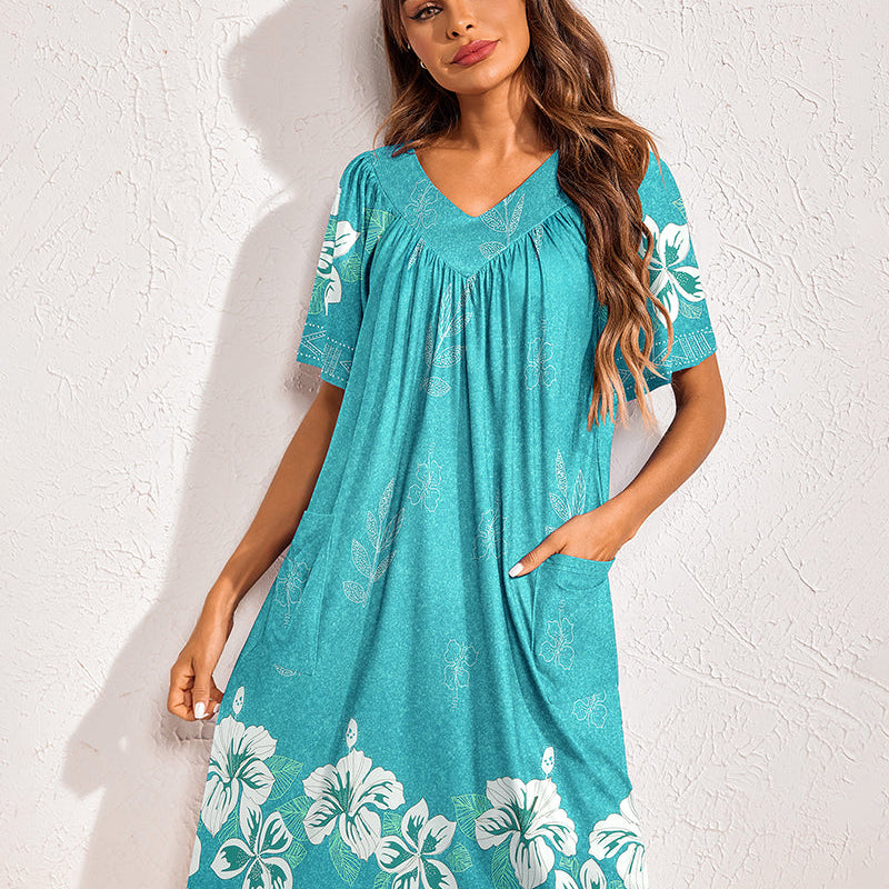 Floral print nightdress in teal with white flowers, V-neck, short sleeves, side pockets