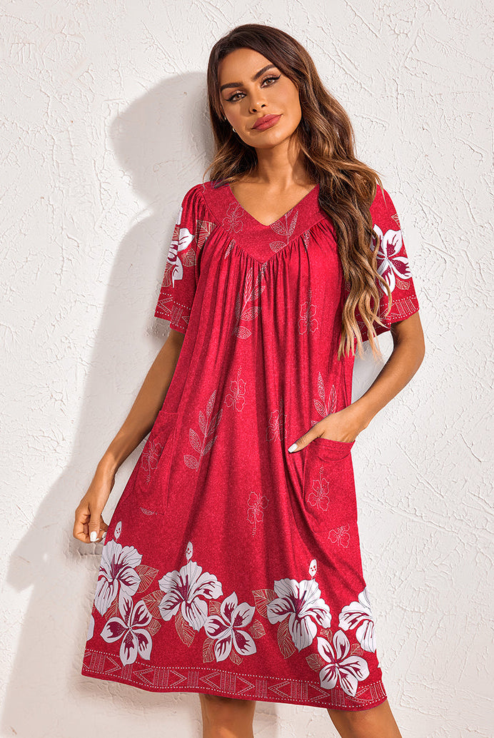 Floral print nightdress in red with white flowers, V-neck, short sleeves, side pockets