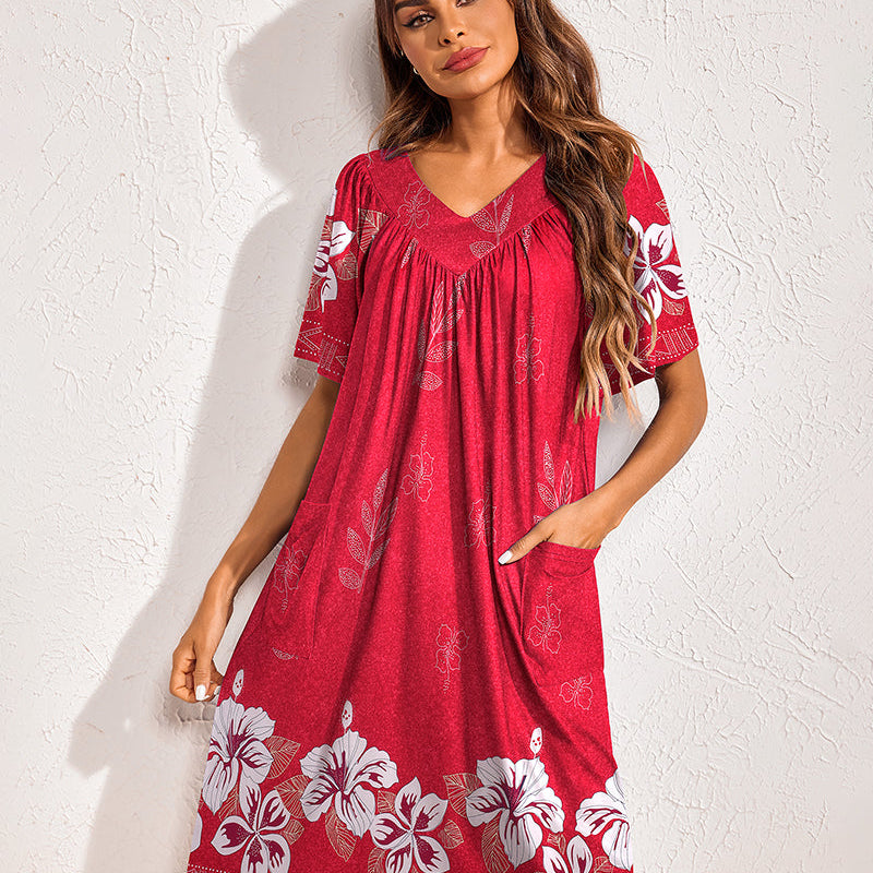 Floral print nightdress in red with white flowers, V-neck, short sleeves, side pockets