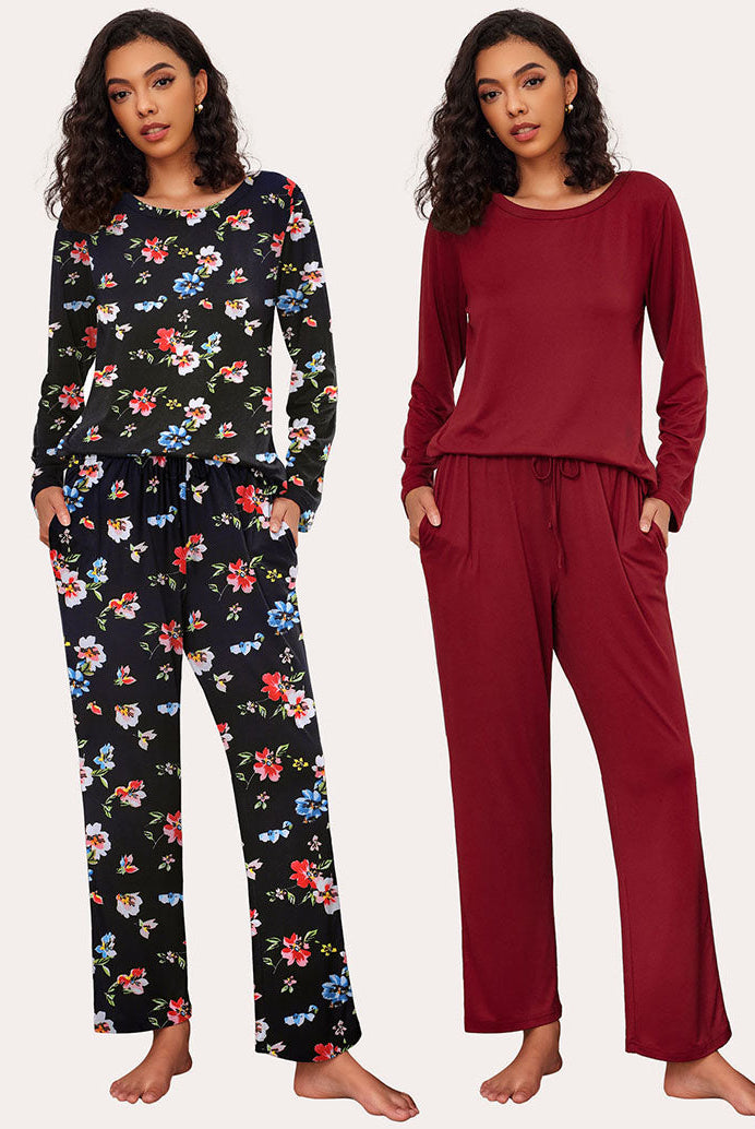 Ekouaer Women's Pajama Set: Floral & Burgundy long sleeve sets, soft, drawstring pants