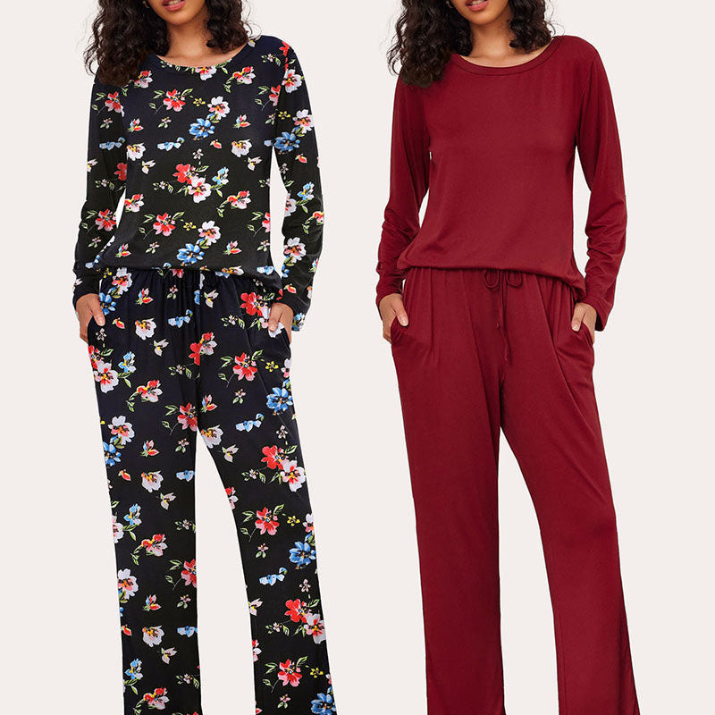 Ekouaer Women's Pajama Set: Floral & Burgundy long sleeve sets, soft, drawstring pants