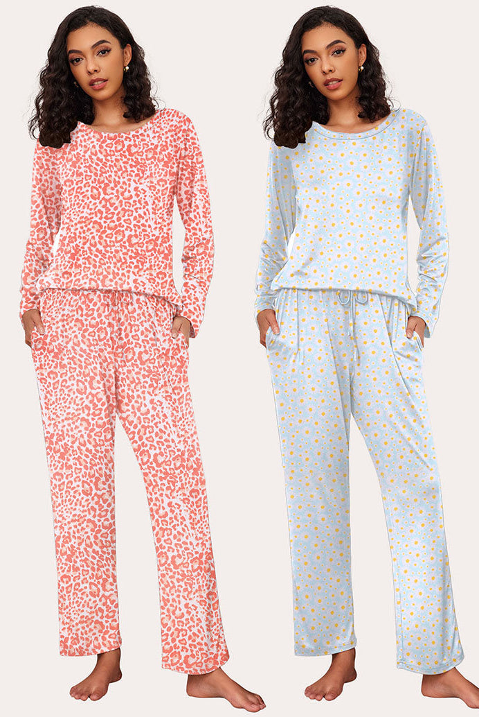 Ekouaer Women's 2-Pack Pajama Set: Leopard and Daisy Print, Soft, Long Sleeve, Drawstring Pants