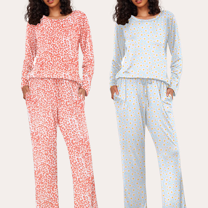 Ekouaer Women's 2-Pack Pajama Set: Leopard and Daisy Print, Soft, Long Sleeve, Drawstring Pants