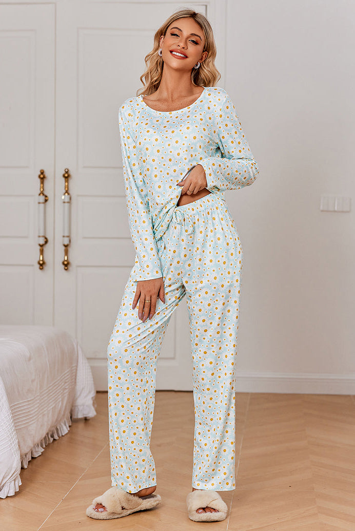 Ekouaer Women's Soft Pajama Set in light blue with daisy print, long sleeves, and drawstring pants