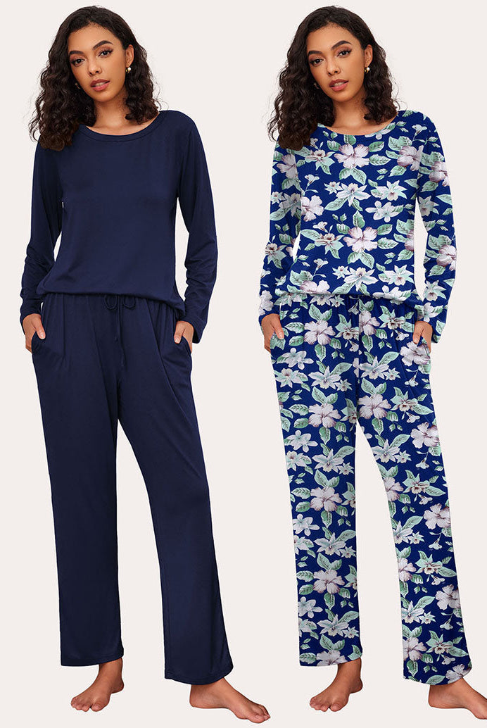 Ekouaer Women's 2-Pack Pajama Set: Soft, Navy Blue and Floral Print, Long Sleeve, Drawstring