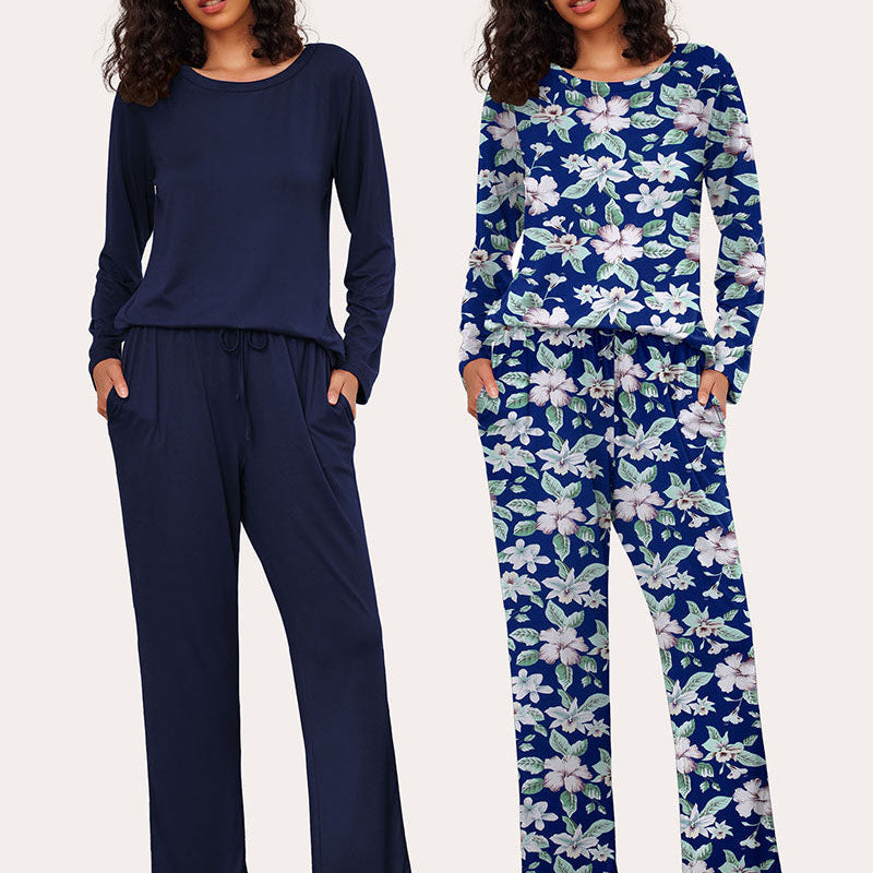 Ekouaer Women's 2-Pack Pajama Set: Soft, Navy Blue and Floral Print, Long Sleeve, Drawstring