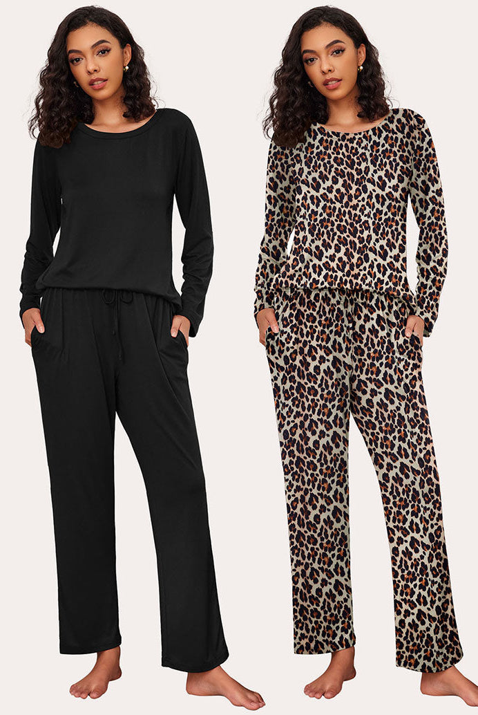 Ekouaer Women's Soft Pajama Set - Black and Leopard Print, Long Sleeve, Round Neck, Drawstring Pants