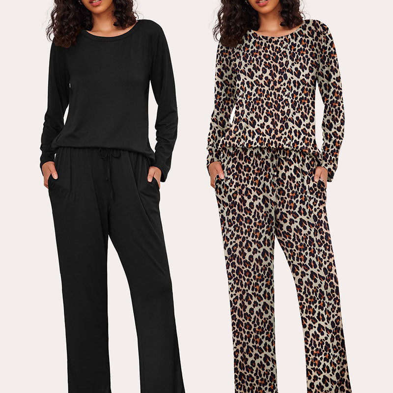 Ekouaer Women's Soft Pajama Set - Black and Leopard Print, Long Sleeve, Round Neck, Drawstring Pants