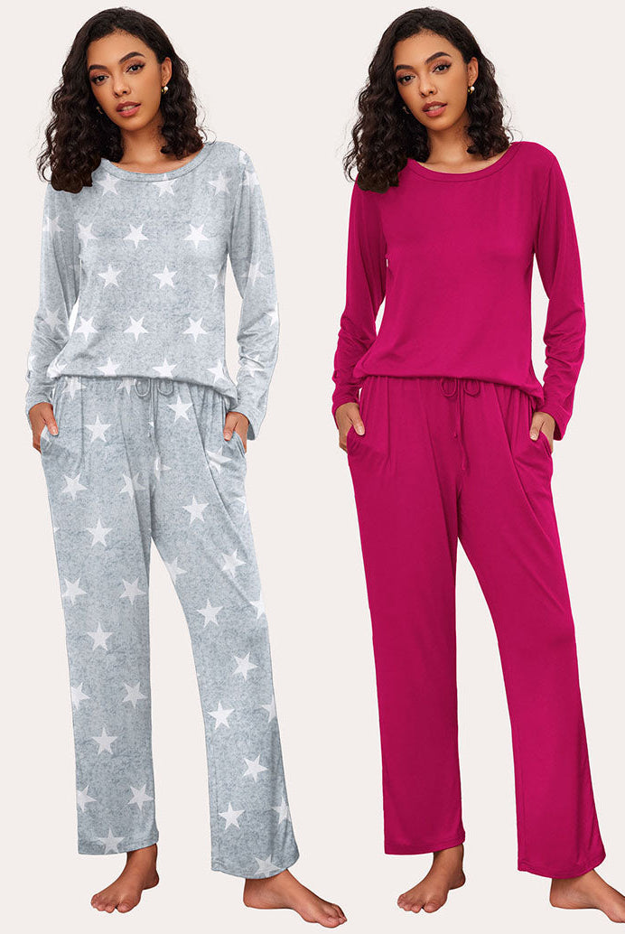 Ekouaer Women's Long Sleeve Pajama Set: Star print and solid color options