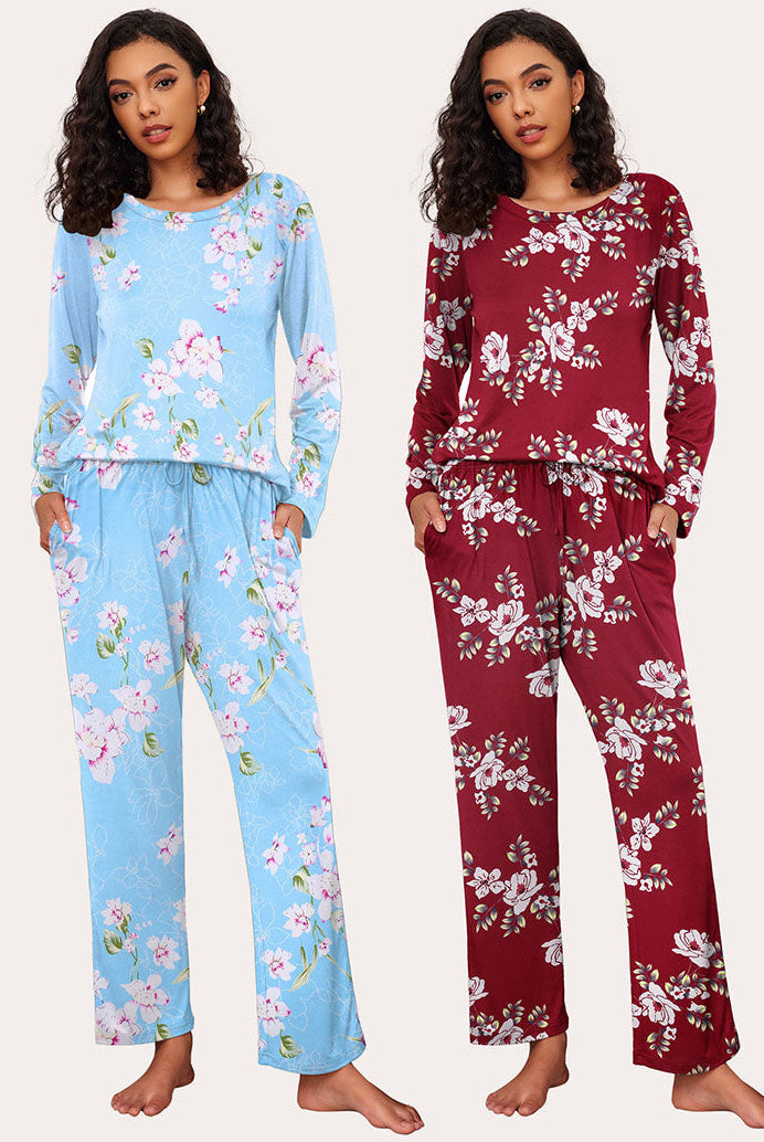 Ekouaer Floral Pajama Set: 2-pack long sleeve pajamas, soft, drawstring pants in blue and burgundy