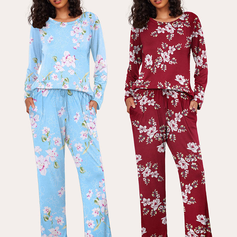 Ekouaer Floral Pajama Set: 2-pack long sleeve pajamas, soft, drawstring pants in blue and burgundy