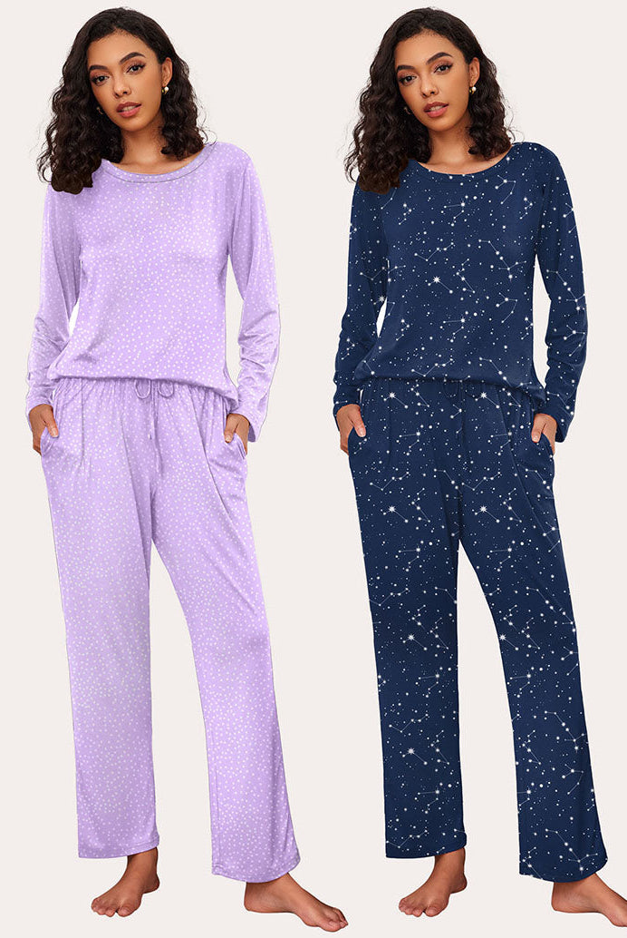 Ekouaer Women's 2-Pack Pajama Set: Soft, star print and constellation print long sleeve sets