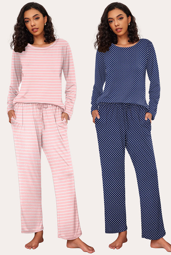 Ekouaer Women's 2-Pack Pajama Set - Soft long sleeve pajamas in pink stripe and navy polka dot