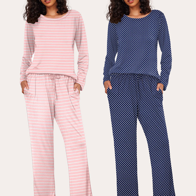 Ekouaer Women's 2-Pack Pajama Set - Soft long sleeve pajamas in pink stripe and navy polka dot