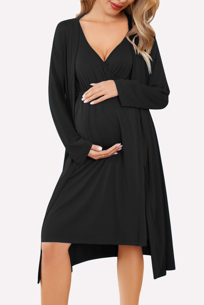 Nursing nightgown and robe set in black, V-neck with long sleeve wrap robe
