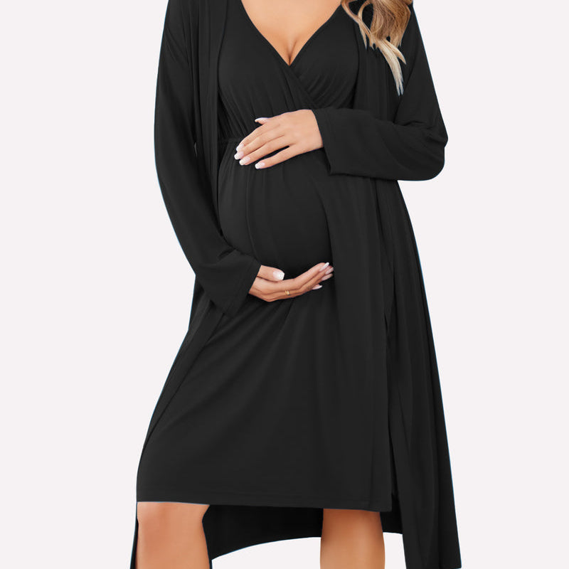 Nursing nightgown and robe set in black, V-neck with long sleeve wrap robe