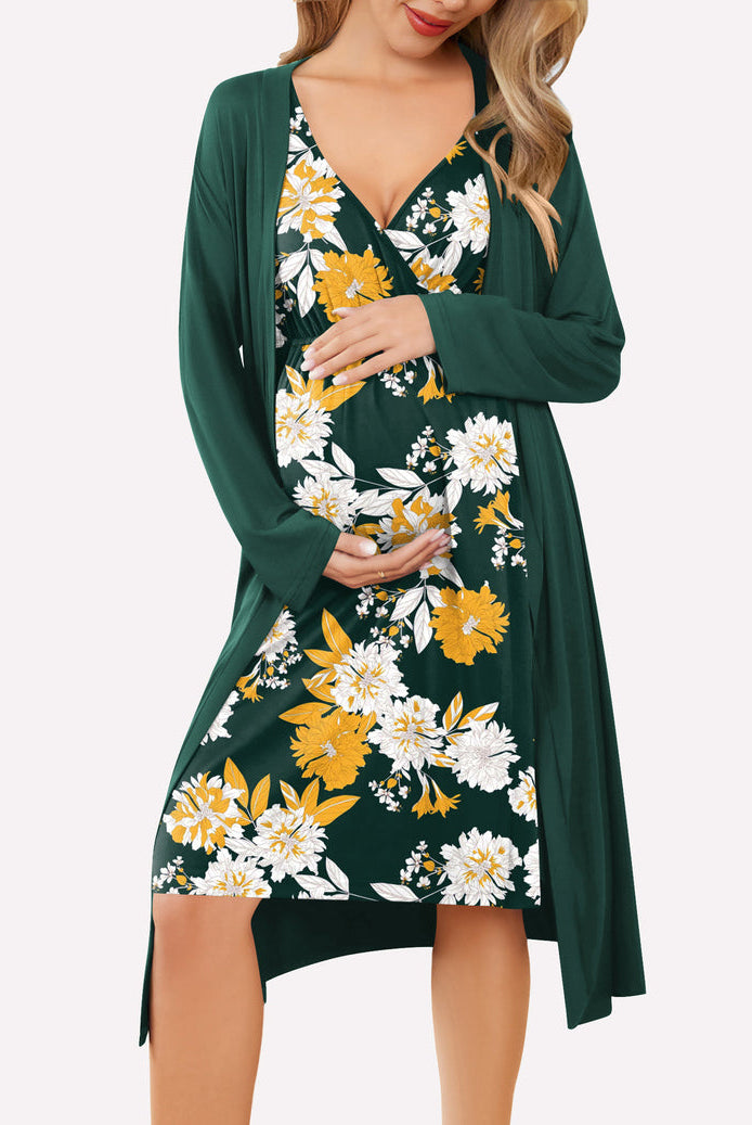 Nursing nightgown and robe set in dark green with floral print and long wrap robe
