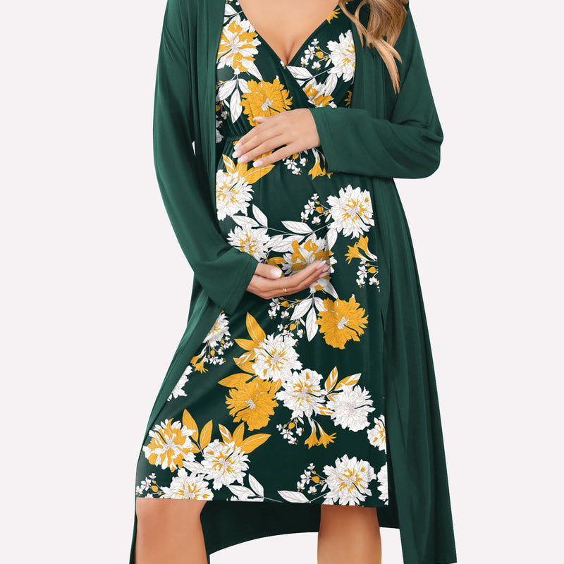 Nursing nightgown and robe set in dark green with floral print and long wrap robe