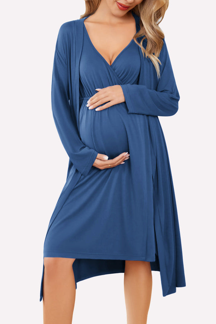 Blue nursing dress with V-neck and long sleeves, layered with a matching drape robe