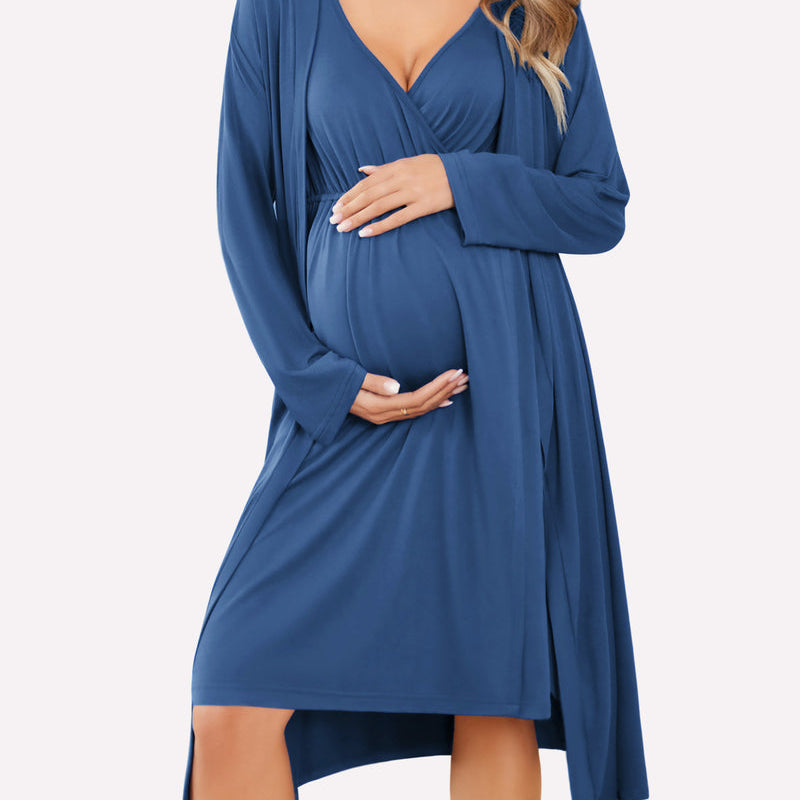 Blue nursing dress with V-neck and long sleeves, layered with a matching drape robe