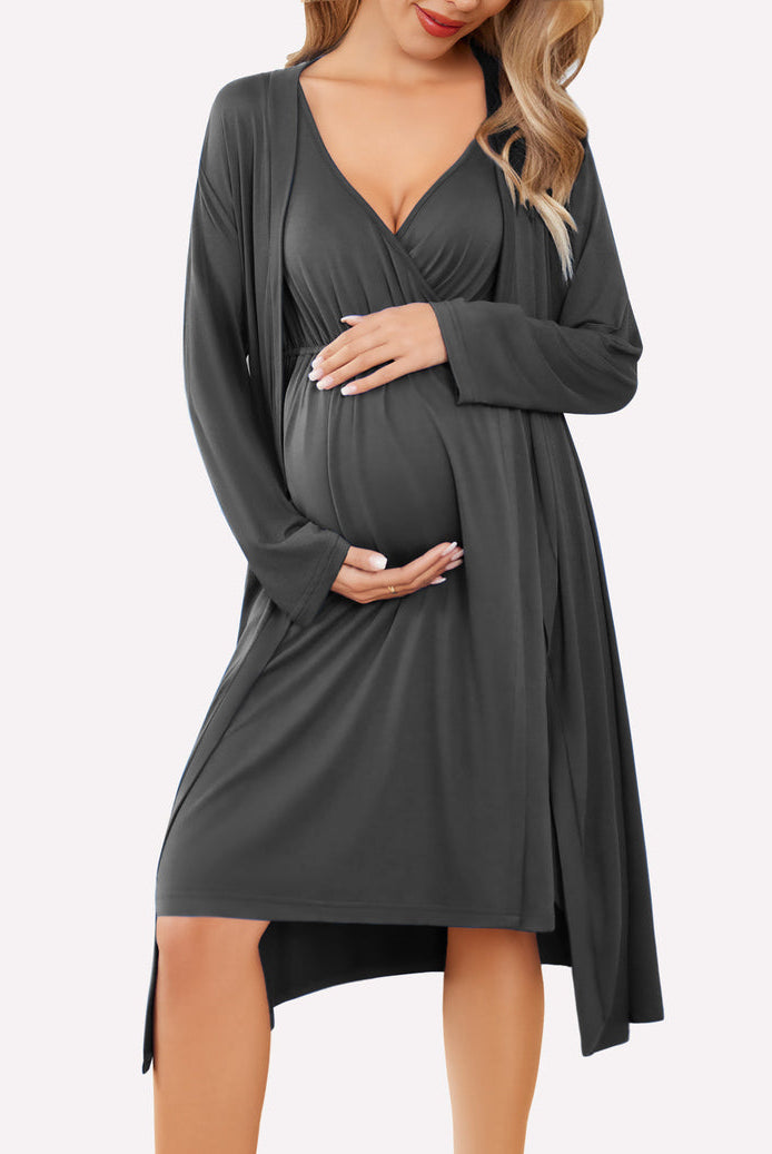Nursing nightgown and robe set in dark gray, V-neck with long sleeve wrap robe