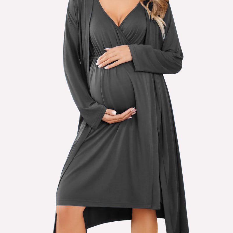 Nursing nightgown and robe set in dark gray, V-neck with long sleeve wrap robe
