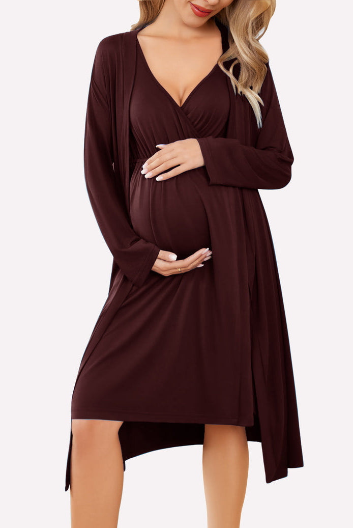 Nursing nightgown and robe set in dark maroon, V-neck with long wrap robe