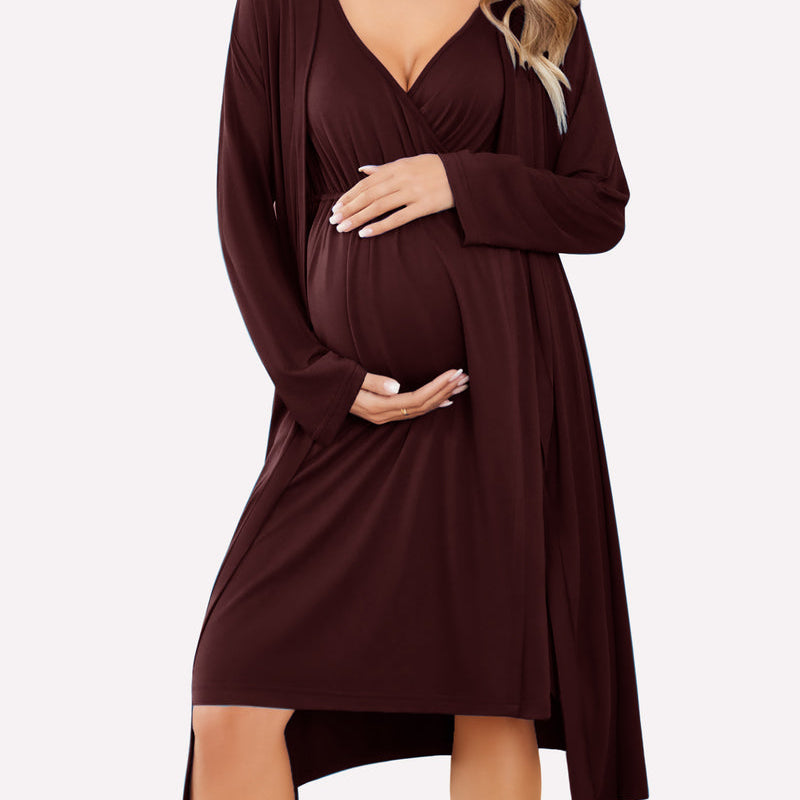 Nursing nightgown and robe set in dark maroon, V-neck with long wrap robe