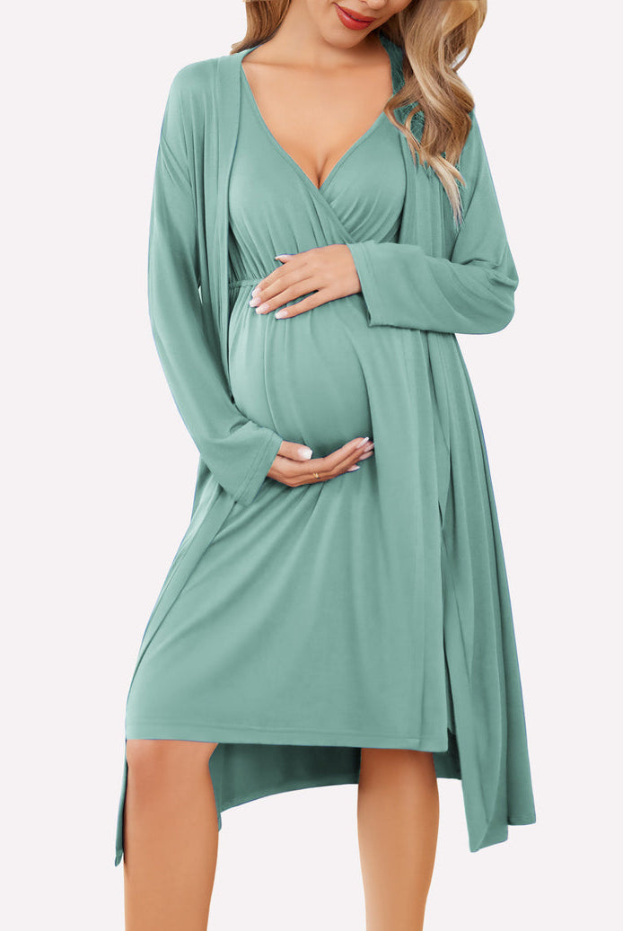 Nursing nightgown and robe set in celadon green, V-neck with long sleeve wrap robe