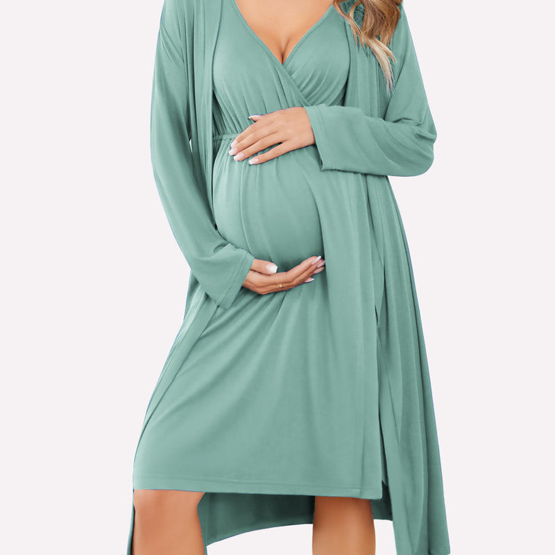 Nursing nightgown and robe set in celadon green, V-neck with long sleeve wrap robe
