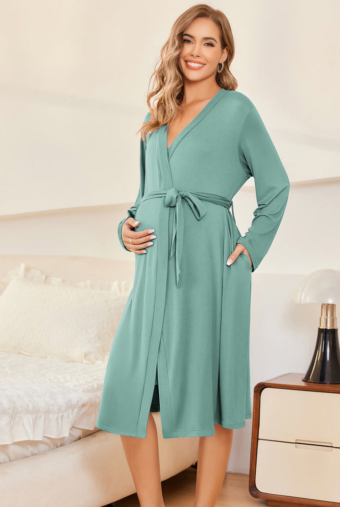 Nursing nightgown and robe set in teal green, tie-waist long robe with V-neck