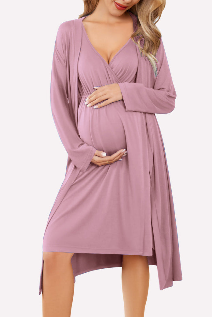 Nursing nightgown and robe set in mauve, V-neck with long sleeve wrap robe