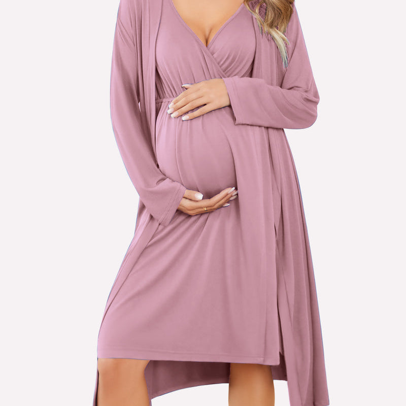 Nursing nightgown and robe set in mauve, V-neck with long sleeve wrap robe