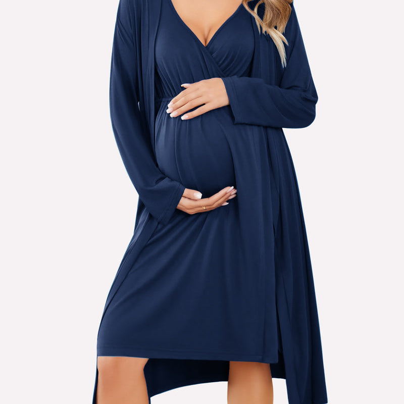 Nursing nightgown and robe set in dark blue, V-neck with long sleeve wrap robe