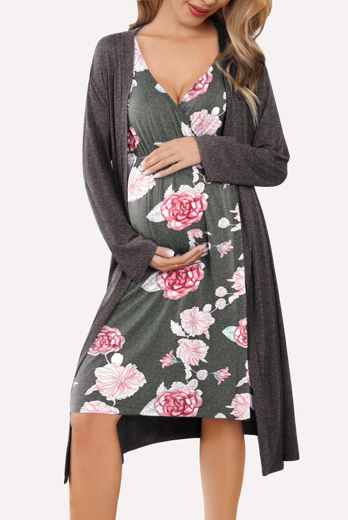 Nursing nightgown and robe set in dark gray with floral print and long wrap robe