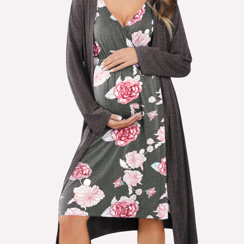 Nursing nightgown and robe set in dark gray with floral print and long wrap robe