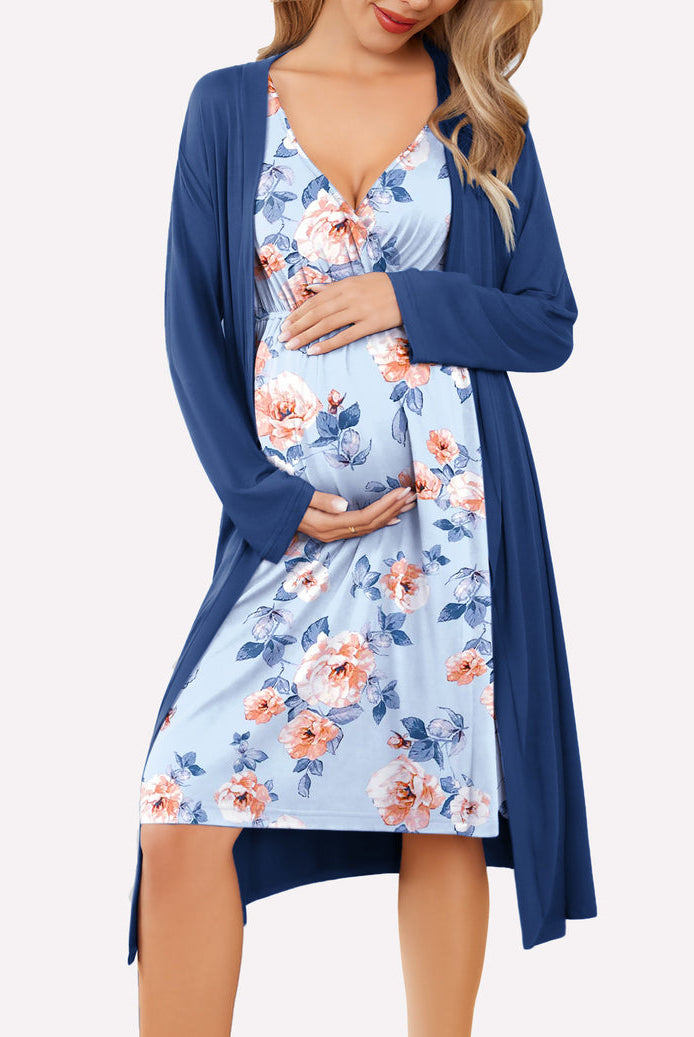 Blue floral nursing nightgown with V-neck, layered with a solid blue long robe