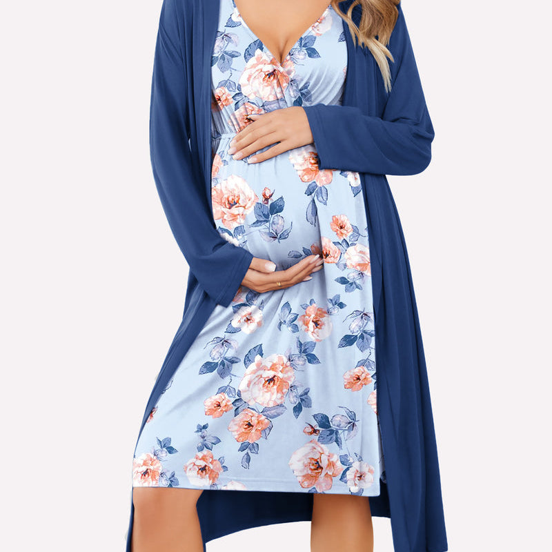Blue floral nursing nightgown with V-neck, layered with a solid blue long robe