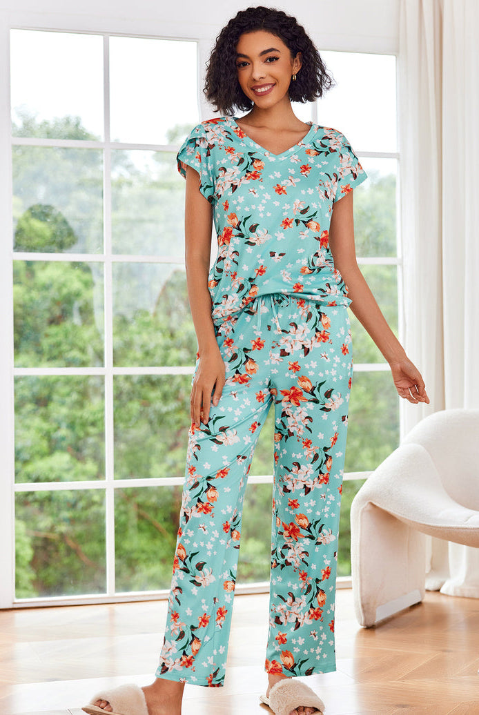 Turquoise floral pajama set with V-neck short sleeves and drawstring wide-leg pants