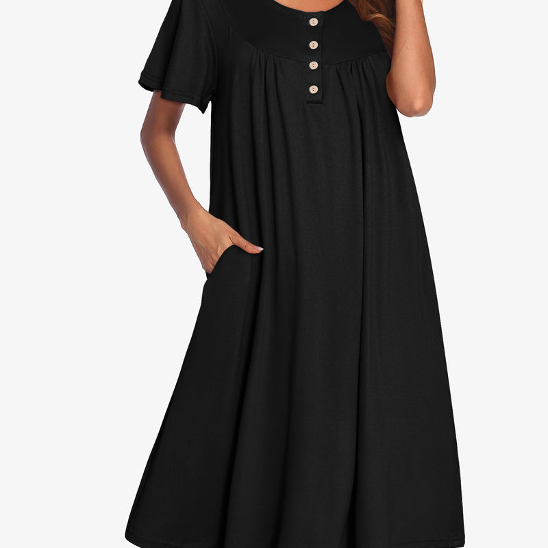 Black short-sleeve button front dress with gathered neckline and flared skirt