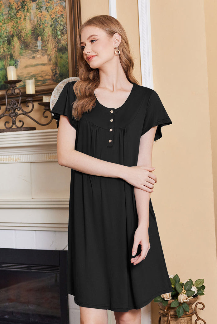 Black short-sleeve dress with button placket and gathered bust detail