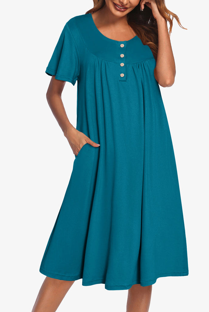 Teal short-sleeve midi dress with round neckline and vertical button details