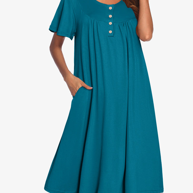 Teal short-sleeve midi dress with round neckline and vertical button details