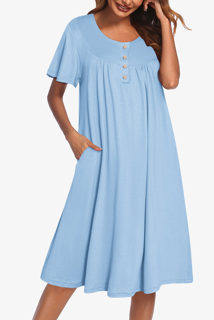 Light blue short-sleeve midi dress with button placket and gathered neckline