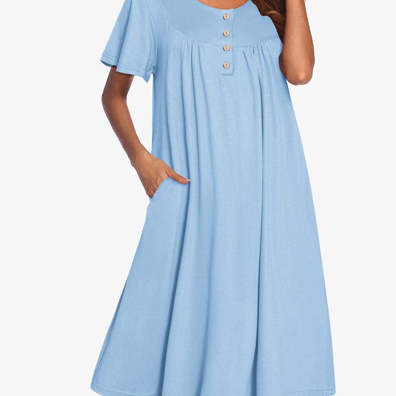 Light blue short-sleeve midi dress with button placket and gathered neckline