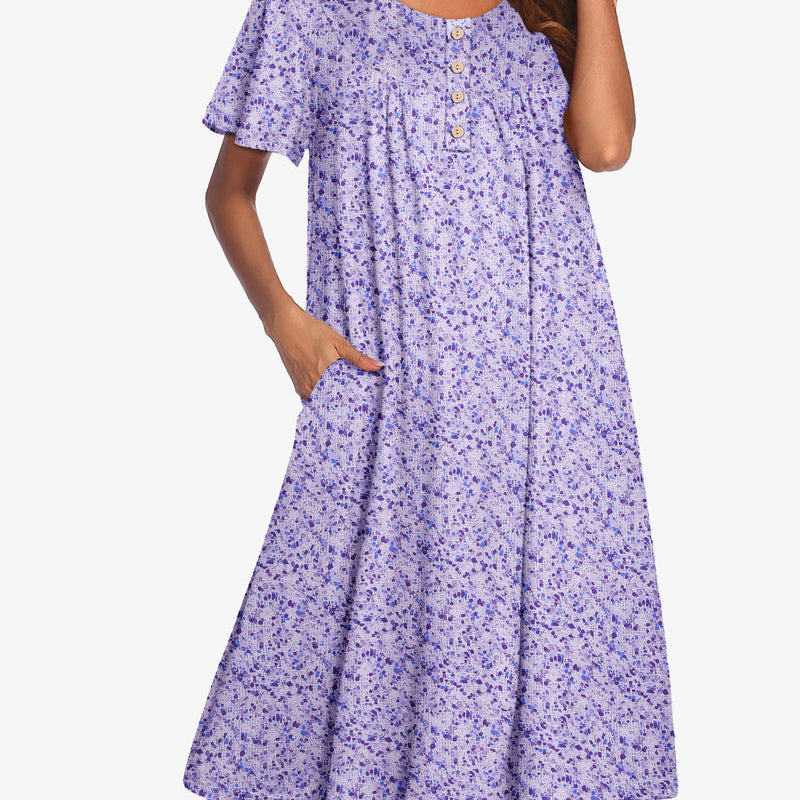 Lavender floral short-sleeve dress with button front and gathered yoke