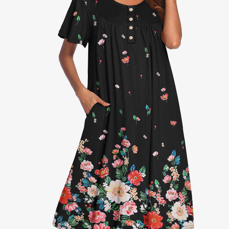 Black floral short-sleeve dress with button front and gathered yoke